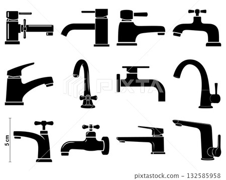 Collection of diverse water faucets and taps silhouettes for plumbing illustrations and home concepts 132585958