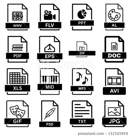 Collection of document and media file format icons for digital data representation 132585959