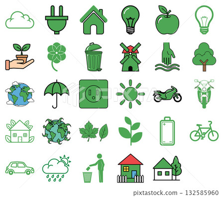 Collection of ecological outline and filled icons representing nature conservation and sustainable living concepts 132585960