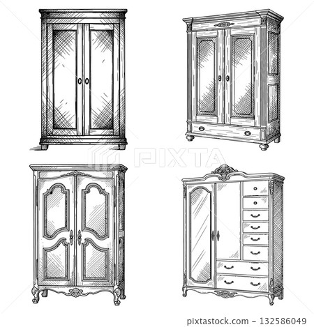 Detailed set of vintage wooden wardrobes and armoires in an elegant hand drawn sketch style 132586049