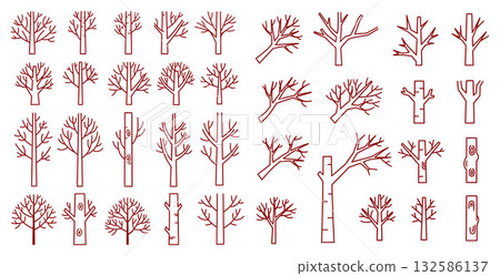 Forest tree silhouettes collection featuring bare branches, perfect for winter seasonal designs and nature projects 132586137