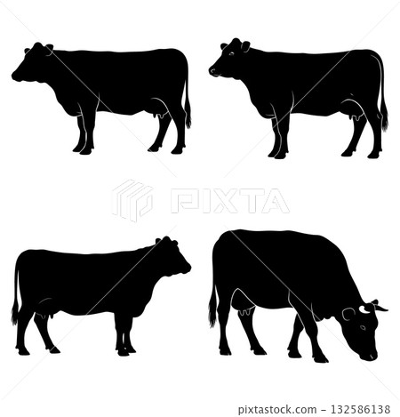 Four distinct silhouette illustrations of farm dairy cattle in various standing and grazing positions 132586138
