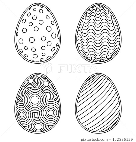 Four simple outline drawings of decorative oval eggs with unique patterns for holiday celebration 132586139