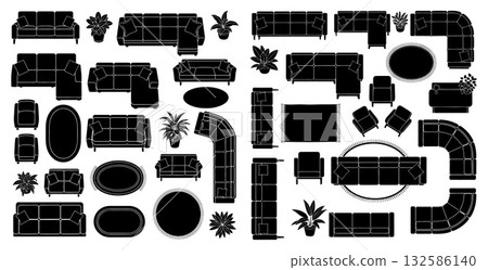 Furniture layout plan set, sofas, armchairs, carpets, plants, interior design 132586140