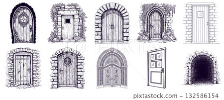 Hand drawn collection of old rustic doors with stone archways depicting mystical entrances 132586154