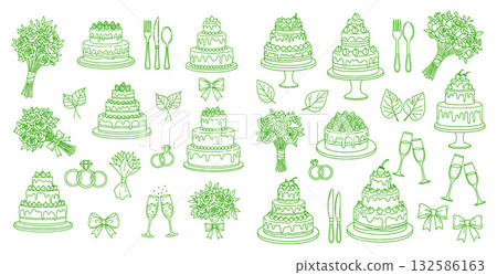Handdrawn wedding icons seamless pattern featuring bouquets, cake, rings, and champagne glasses 132586163