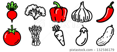 Line art icons of common garden vegetables like tomatoes, peppers, carrots, and asparagus for healthy eating concepts 132586179