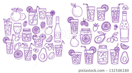 Line art illustration of cocktail drinks, fruits, and berries arranged on white background 132586180