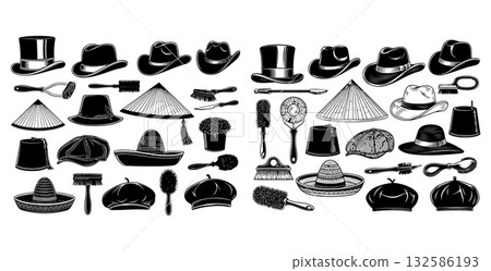 Monochrome hats and brushes collection, top view, showcasing varied styles for retro design projects 132586193