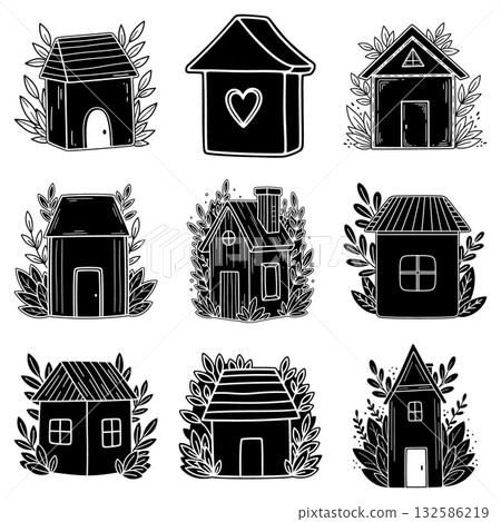 Set of cute doodle style houses surrounded by decorative leafy plants and botanical elements 132586219