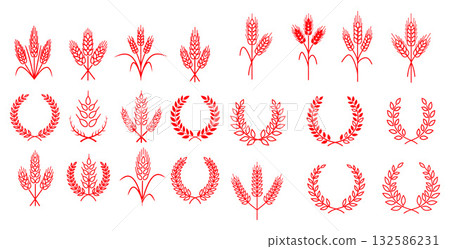 Wheat ears and laurel wreath set, minimalist outline designs for agriculture industry 132586231