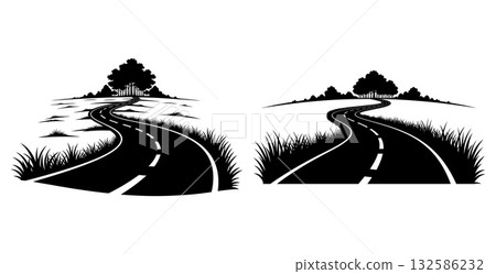 Winding road through landscape with trees silhouette design element set 132586232