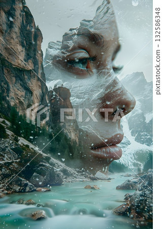 Cinematic double exposure: a serene female profile merges with dramatic mountain peaks, mossy rocks and a silky alpine creek. Subtle fog, muted colors and fine textures create a surreal, meditative co Cinematic double exposure: a serene female profile merges with dramatic mountain peaks, mossy rocks and a silky alpine creek. Subtle fog, muted colors and fine textures create a surreal, meditative co 132586348