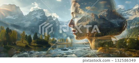 Cinematic double exposure: a serene female profile merges with dramatic mountain peaks, mossy rocks and a silky alpine creek. Subtle fog, muted colors and fine textures create a surreal, meditative co Cinematic double exposure: a serene female profile merges with dramatic mountain peaks, mossy rocks and a silky alpine creek. Subtle fog, muted colors and fine textures create a surreal, meditative co 132586349