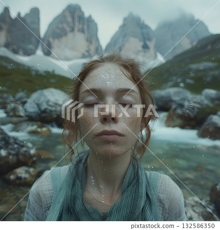 Cinematic double exposure: a serene female profile merges with dramatic mountain peaks, mossy rocks and a silky alpine creek. Subtle fog, muted colors and fine textures create a surreal, meditative co 132586350