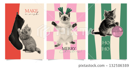 Christmas trendy whimsical art collage greeting banner templates set. Funny vintage halftone cut out cats in antlers, with Christmas stocking, and xmas tree bauble. Retro grunge mixed media vector 132586389