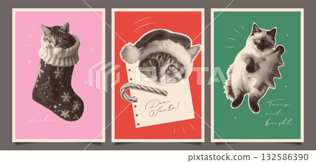 Minimal vintage Merry Christmas posters or cards set. Vector illustration of trendy Halftone collage effect with cats. Perfect vector xmas greeting cover background template design. 132586390