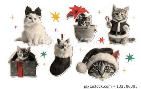 Vintage Christmas and New year halftone collage paper cut out stickers set. Funny cutouts with cats playing with candy cane, poinsettia, stocking, gift box. Retro vector illustration isolated 132586393