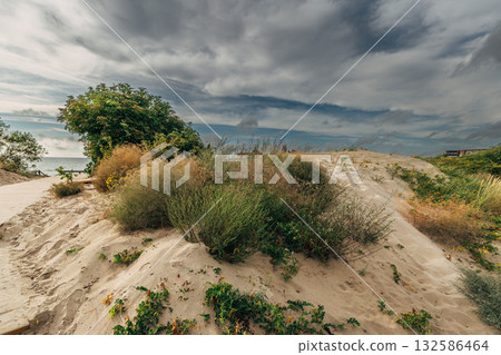 The image depicts a scenic view of a vast area of sand dunes 132586464