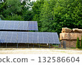 House roof with photovoltaic modules. Historic farm house with modern solar panels on roof and wall High quality photo 132586604