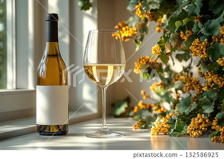Italian wine. Wine Glass with white wine and a bottle of wine with a blank label next to it. Mockup for wine industry branding. Italian wine. Wine Glass with white wine and a bottle of wine with a blank label next to it. Mockup for wine industry branding. 132586925