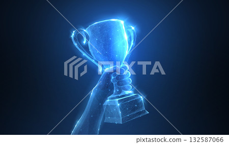 Hand with Trophy cup. Abstract vector 3d trophy isolated on blue background. Champions award, sport victory concept. 132587066