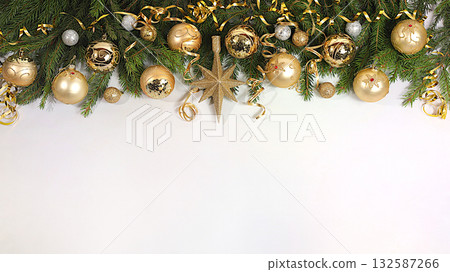 Christmas and New Year 2026 background with live branches and holiday decorations on elegant background, festive banner, design template, Christmas Eve concept, festive winter card and screen mockup Christmas and New Year 2026 background with live branches and holiday decorations on elegant background, festive banner, design template, Christmas Eve concept, festive winter card and screen mockup 132587266