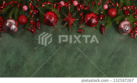 Festive winter greeting card and banner on the screen, beautiful Christmas and New Year background with lights, decorations, toys and live fir branches, product design for holiday advertising, Festive winter greeting card and banner on the screen, beautiful Christmas and New Year background with lights, decorations, toys and live fir branches, product design for holiday advertising, 132587267