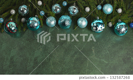 Beautiful Christmas and New Year banner, background with live fir branches, decorations, toys and pine cones, product design for holiday advertising, Christmas Eve concept, festive winter card Beautiful Christmas and New Year banner, background with live fir branches, decorations, toys and pine cones, product design for holiday advertising, Christmas Eve concept, festive winter card 132587268