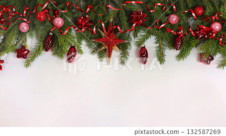 Christmas and New Year 2026 background with live branches and holiday decorations on elegant background, festive banner, design template, Christmas Eve concept, festive winter card and screen mockup Christmas and New Year 2026 background with live branches and holiday decorations on elegant background, festive banner, design template, Christmas Eve concept, festive winter card and screen mockup 132587269