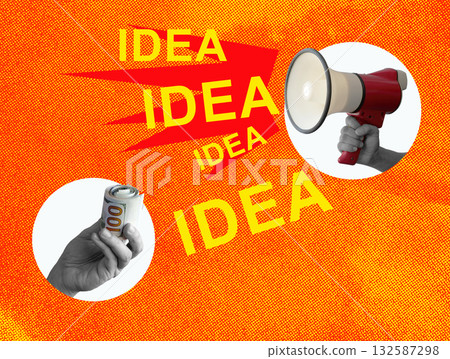 Business investment and creative value. Hand holding a megaphone and another with money. 132587298