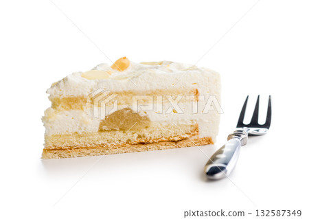 Sweet creamy cake isolated on white background. Sweet creamy cake isolated on white background. 132587349