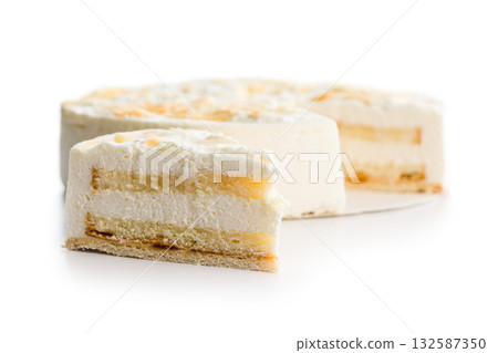Sweet creamy cake isolated on white background. 132587350
