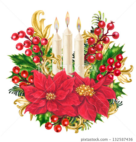 Red poinsettias in a luxurious Christmas bouquet with vintage gold decor and flaming candles gives warmth. This watercolor template for your home, shop, table setting, stickers, scrapbook, gift cards 132587436