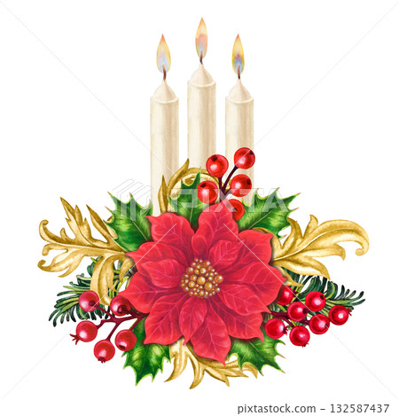 Red poinsettias in a luxurious Christmas bouquet with vintage gold decor and flaming candles gives warmth. This watercolor template for your home, shop, table setting, stickers, scrapbook, gift cards Red poinsettias in a luxurious Christmas bouquet with vintage gold decor and flaming candles gives warmth. This watercolor template for your home, shop, table setting, stickers, scrapbook, gift cards 132587437