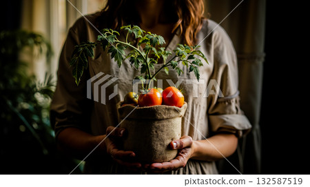 A woman holding a basket of tomatoes in her hands 132587519