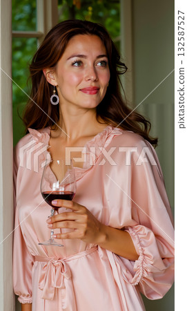 A woman in a pink dress holding a glass of wine 132587527
