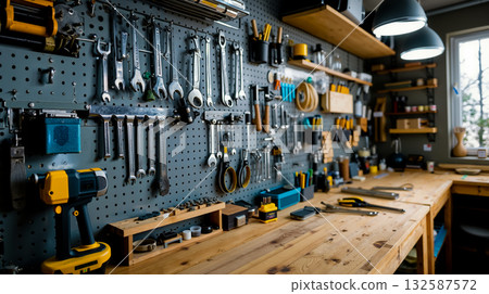 A work room with a lot of tools hanging on the wall A work room with a lot of tools hanging on the wall 132587572
