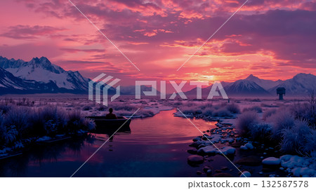 A person in a boat on a river with mountains in the background A person in a boat on a river with mountains in the background 132587578