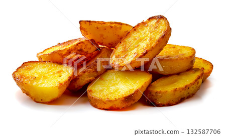 A pile of sliced potatoes on a white plate 132587706