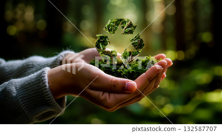 A person holding a green recycling symbol in their hands 132587707