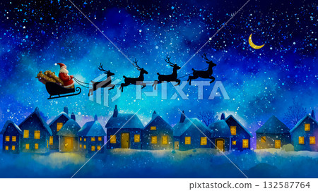 A santa claus flying in a sleigh with reindeers flying over a snowy town A santa claus flying in a sleigh with reindeers flying over a snowy town 132587764