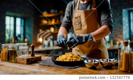 A man in an apron and black gloves preparing pasta in a pan on a wooden table A man in an apron and black gloves preparing pasta in a pan on a wooden table 132587779