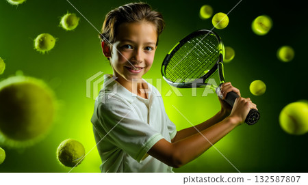 A young boy holding a tennis racket in front of a bunch of tennis balls 132587807