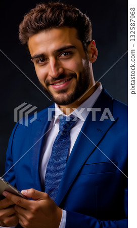A man in a blue suit holding a cell phone 132587968