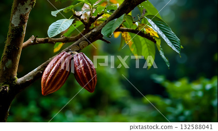 A cacao pod hanging from a tree branch with leaves 132588041