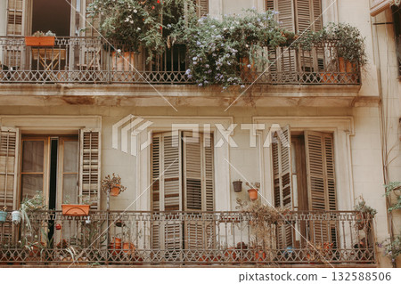 Charming balconies adorned with lush greenery and wooden shutters. An inviting facade of a building featuring balconies overflowing with plants, classic wooden shutters adding a touch of elegance. 132588506