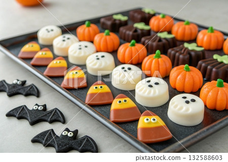 Halloween Candy Treats - Pumpkin, Ghost and Bat Shaped Sweets on Tray Halloween Candy Treats - Pumpkin, Ghost and Bat Shaped Sweets on Tray 132588603