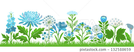 Blue flowers horizontal background grass. Hand drawn. Not AI, vector illustration Blue flowers horizontal background grass. Hand drawn. Not AI, vector illustration 132588659