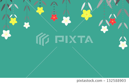 A green background decorated with hanging yellow, white, and red Christmas roses from above 132588903